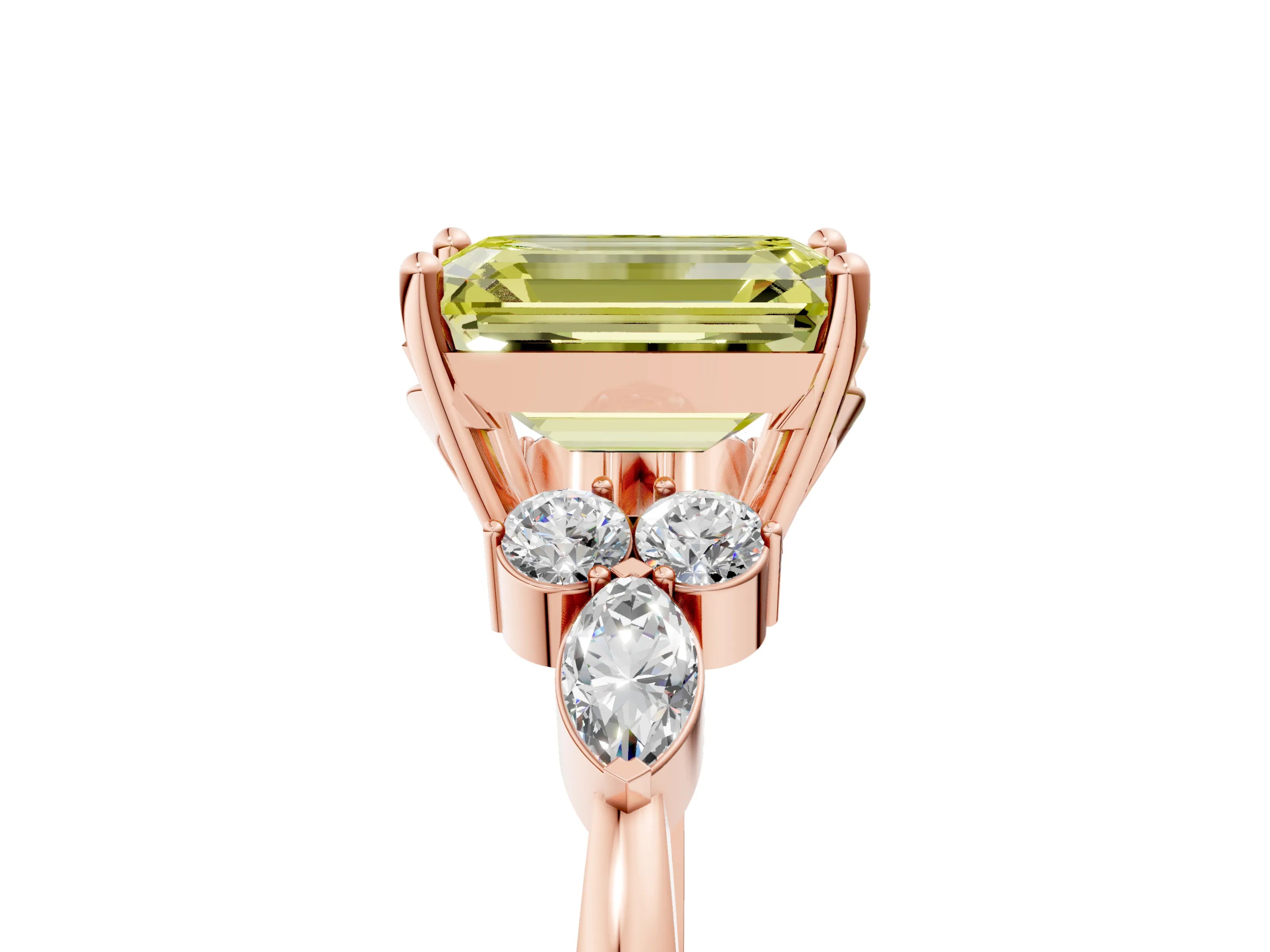 Rose gold Fancy Yellow Emerald Cut Brilliant Diamond Solitaire Ring with Pear Side Stones and Four-Prong Setting_8