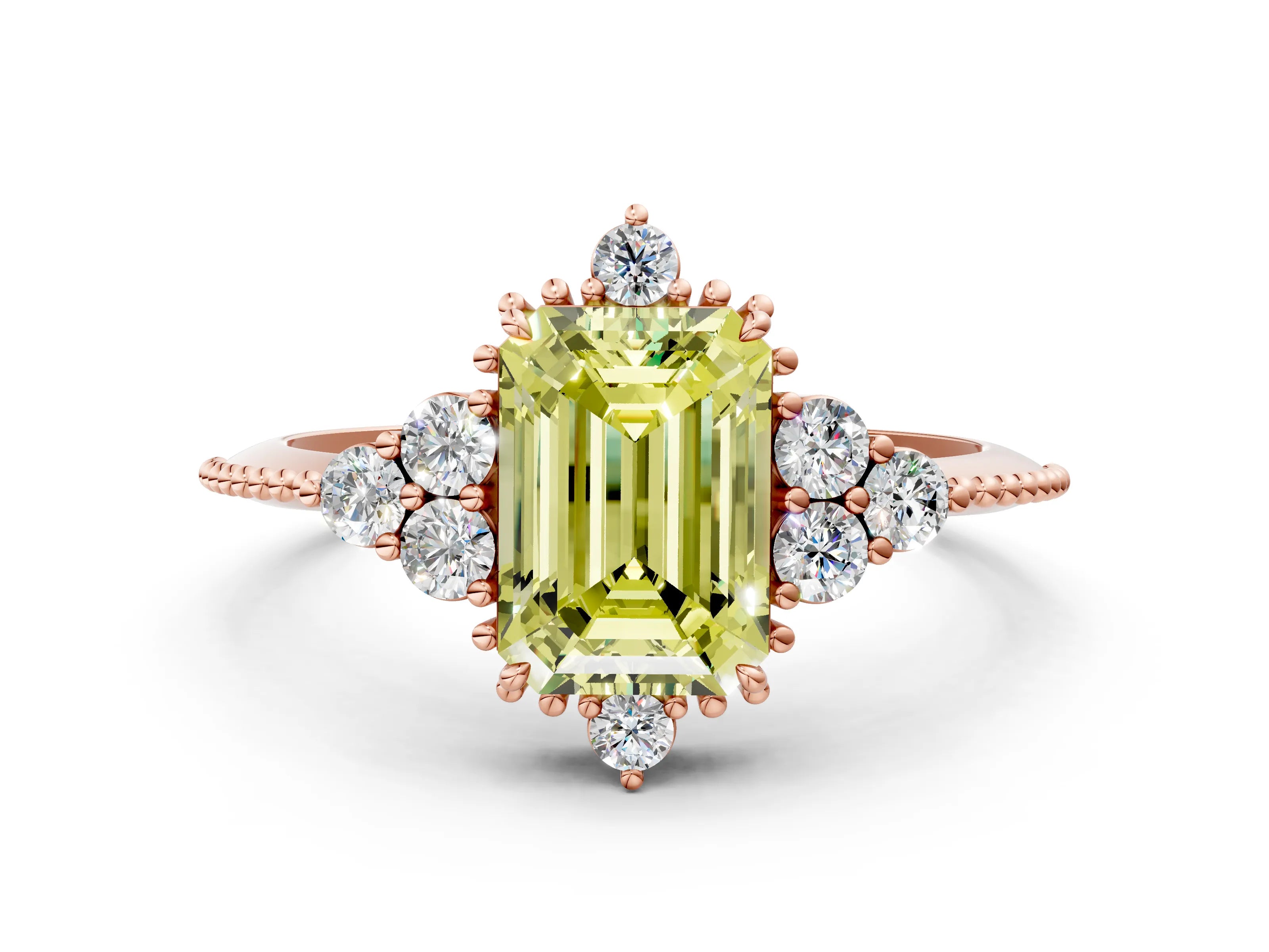 Rose gold Fancy Yellow Emerald Cut Brilliant Diamond with Cluster Setting on a Beaded Band and Four-Prong Setting