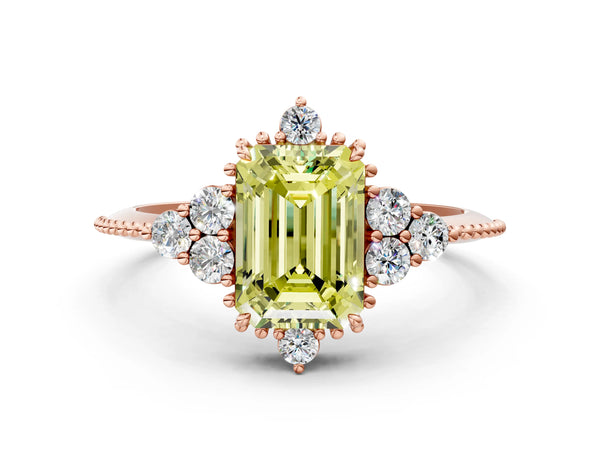 Rose gold Fancy Yellow Emerald Cut Brilliant Diamond with Cluster Setting on a Beaded Band and Four-Prong Setting