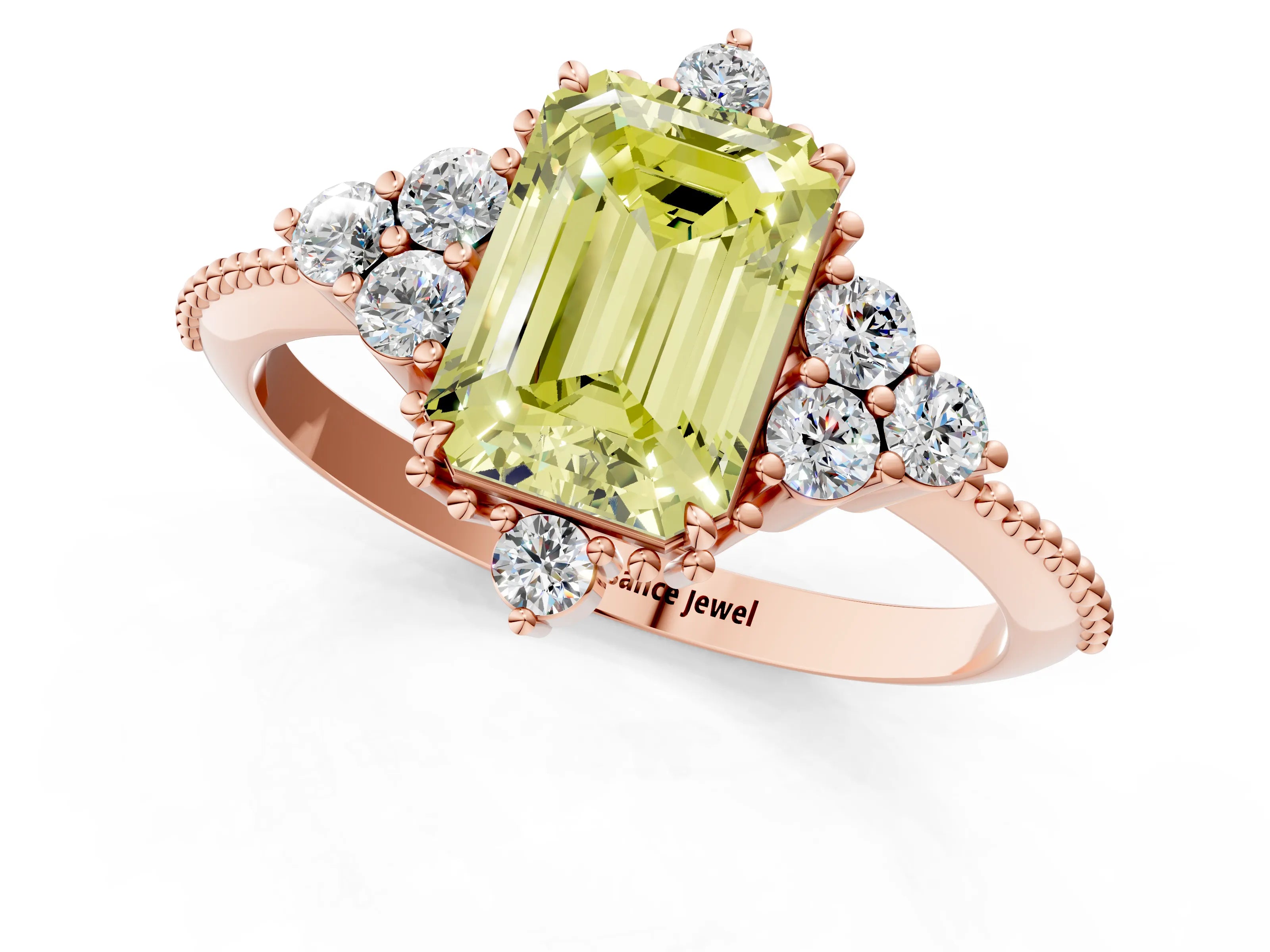 Rose gold Fancy Yellow Emerald Cut Brilliant Diamond with Cluster Setting on a Beaded Band and Four-Prong Setting_1