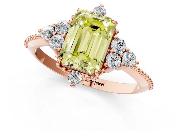 Rose gold Fancy Yellow Emerald Cut Brilliant Diamond with Cluster Setting on a Beaded Band and Four-Prong Setting