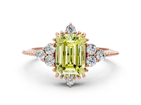 Rose gold Fancy Yellow Emerald Cut Brilliant Diamond with Cluster Setting on a Beaded Band and Four-Prong Setting
