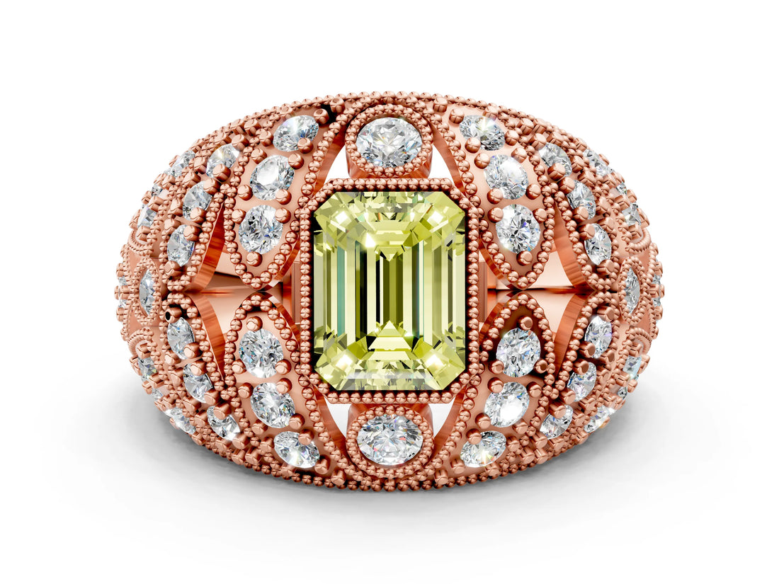 Rose gold Fancy Yellow Emerald Cut Brilliant Halo Pave Diamond Milgrain Ring