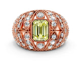 Rose gold Fancy Yellow Emerald Cut Brilliant Halo Pave Diamond Milgrain Ring