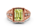 Rose gold Fancy Yellow Emerald Cut Brilliant Milgrain Filigree Diamond Ring with Square Prong Setting