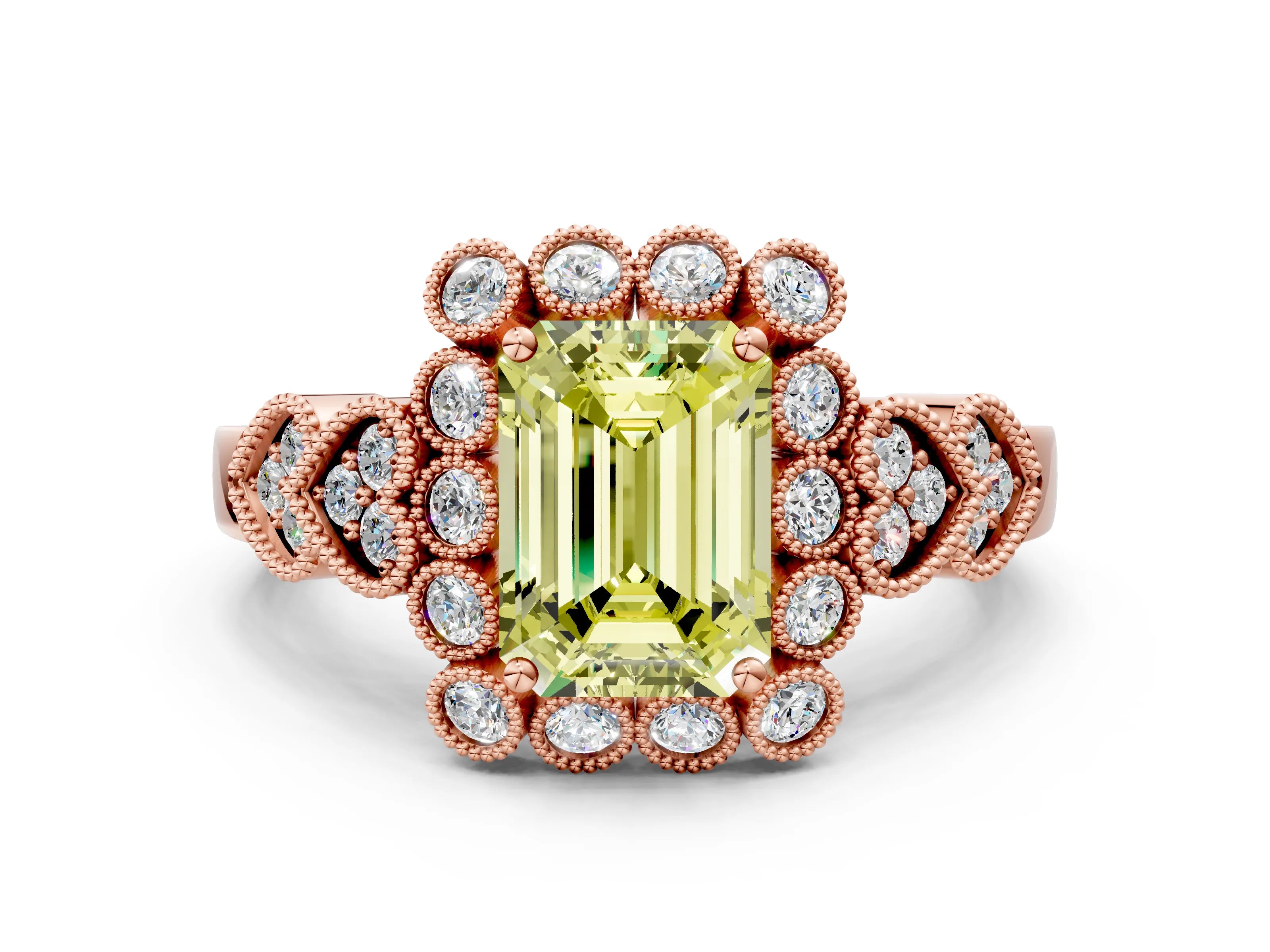 Rose gold Fancy Yellow Emerald Cut Brilliant Milgrain Pave Heart Band Solitaire Ring