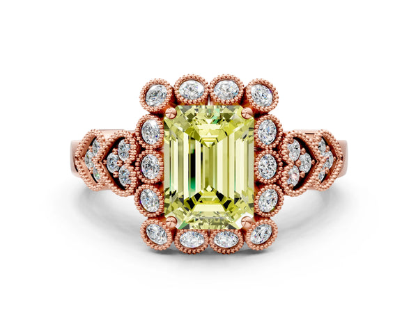 Rose gold Fancy Yellow Emerald Cut Brilliant Milgrain Pave Heart Band Solitaire Ring
