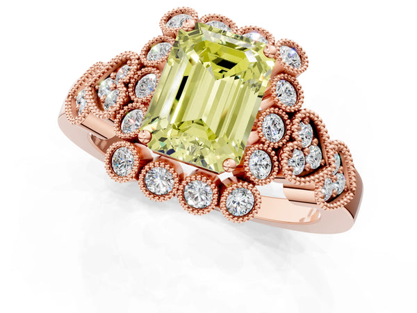 Rose gold Fancy Yellow Emerald Cut Brilliant Milgrain Pave Heart Band Solitaire Ring