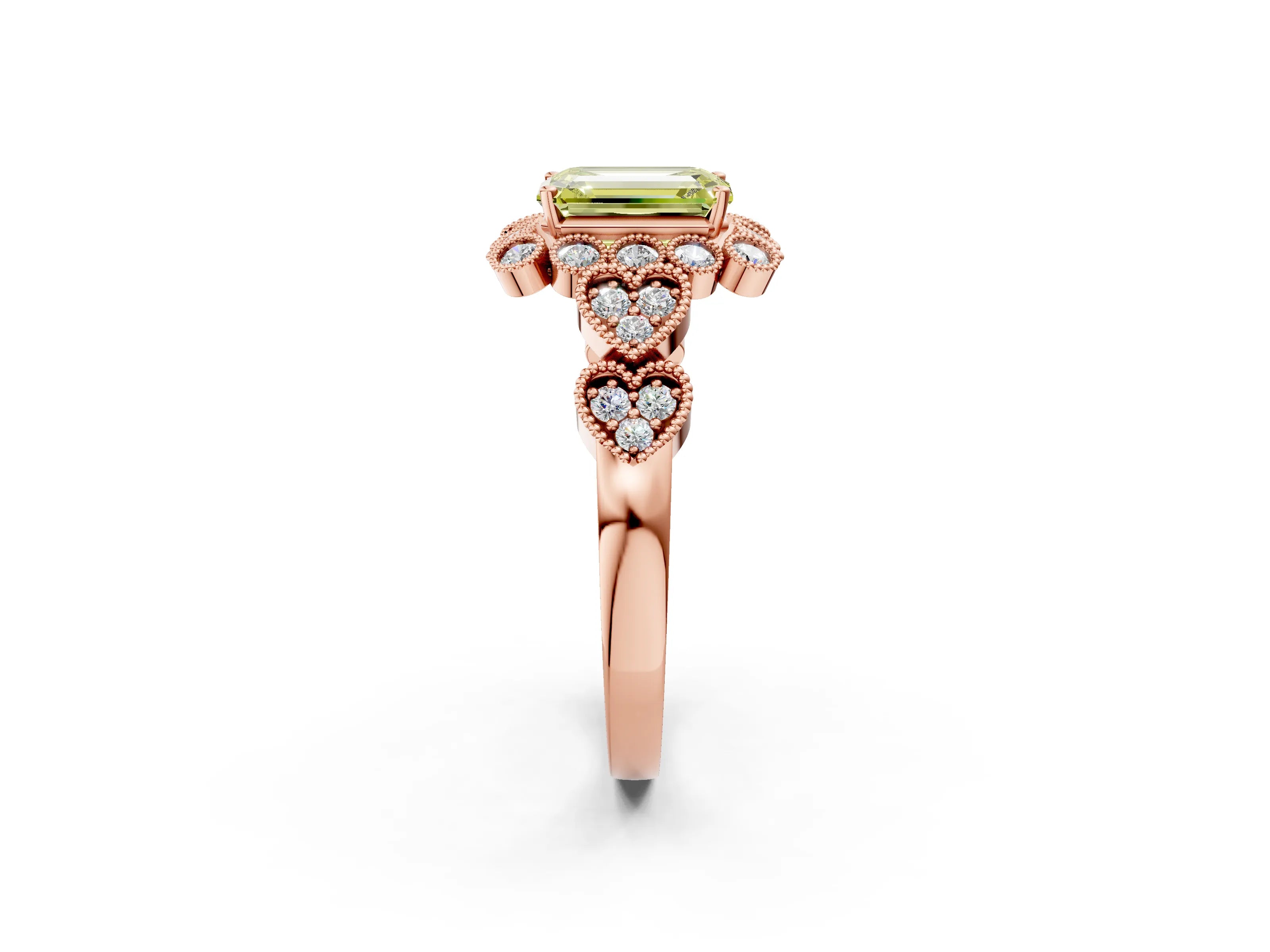 Rose gold Fancy Yellow Emerald Cut Brilliant Milgrain Pave Heart Band Solitaire Ring_2