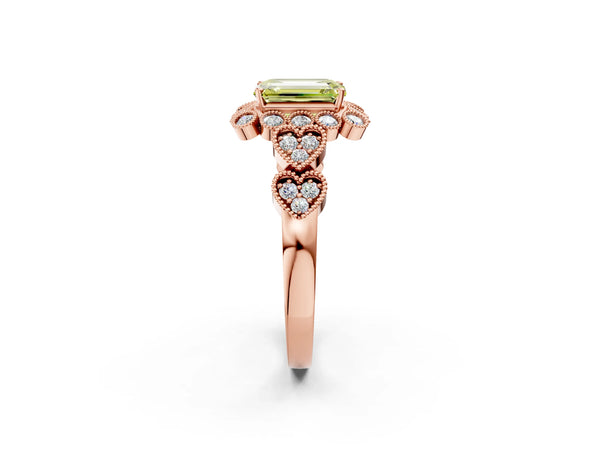 Rose gold Fancy Yellow Emerald Cut Brilliant Milgrain Pave Heart Band Solitaire Ring