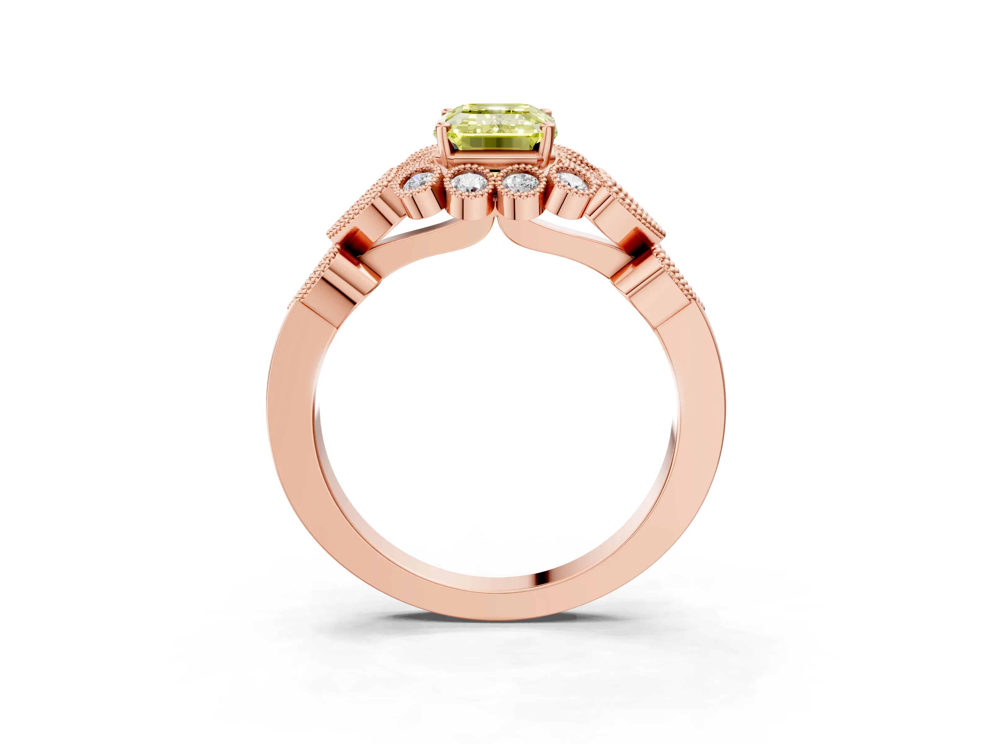 Rose gold Fancy Yellow Emerald Cut Brilliant Milgrain Pave Heart Band Solitaire Ring_3