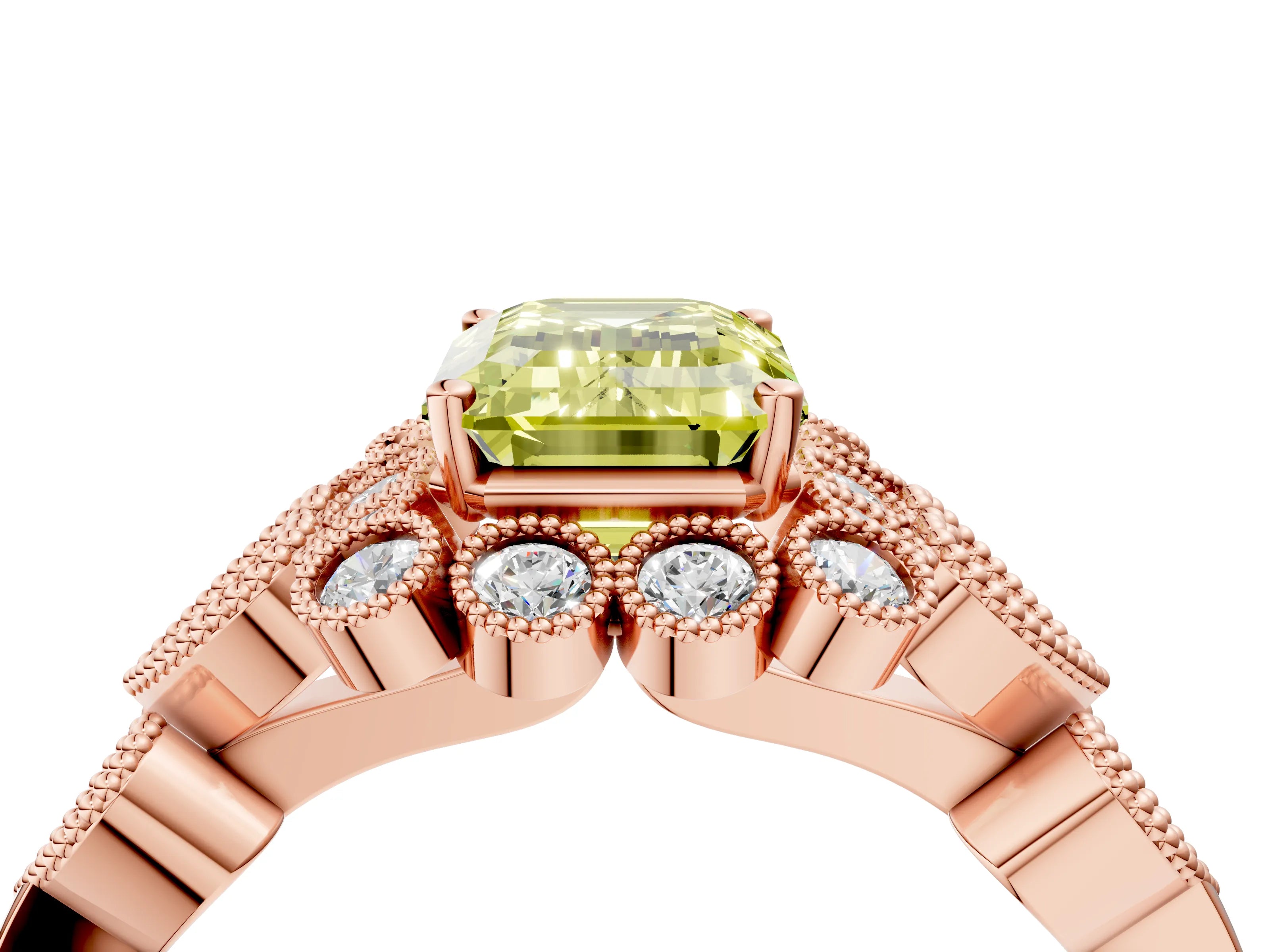 Rose gold Fancy Yellow Emerald Cut Brilliant Milgrain Pave Heart Band Solitaire Ring_4