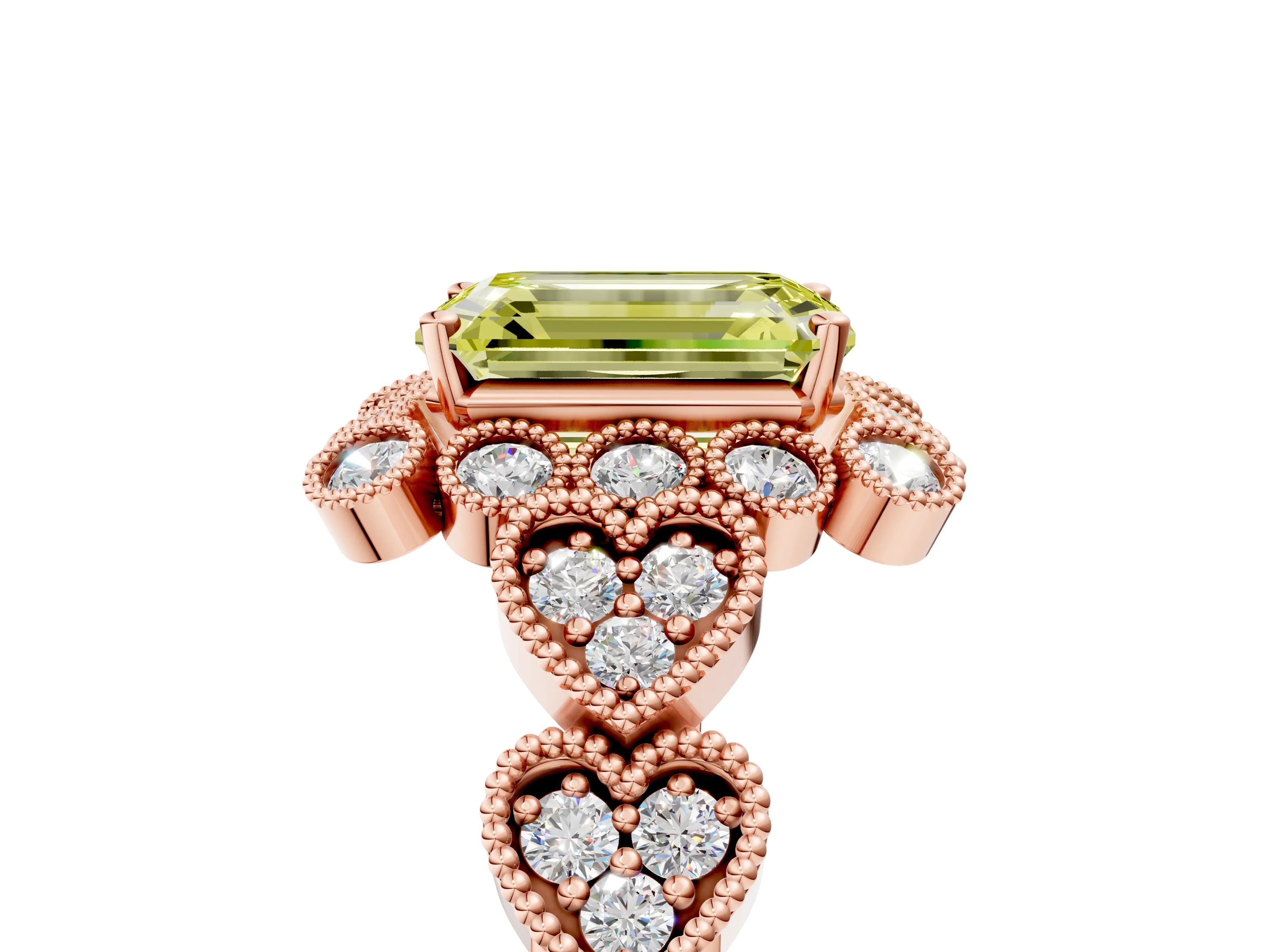 Rose gold Fancy Yellow Emerald Cut Brilliant Milgrain Pave Heart Band Solitaire Ring_5
