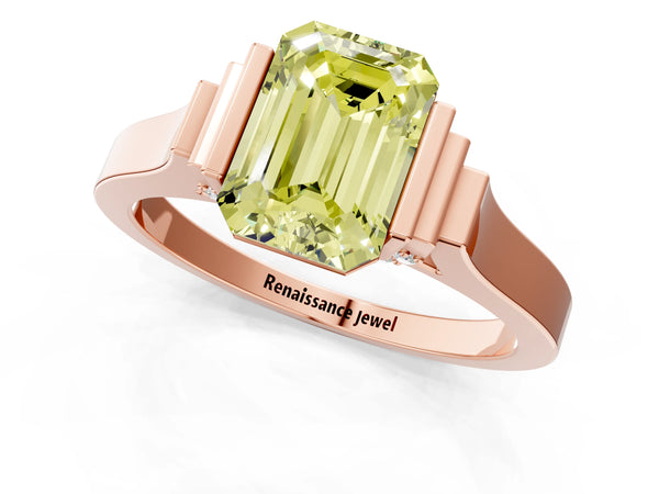 Rose gold Fancy Yellow Emerald Cut Brilliant Solitaire Diamond Ring with Channel Set Band and Bar Prong Setting