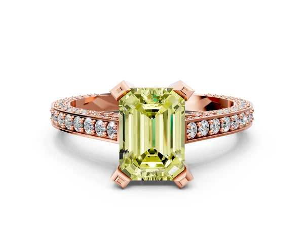 Rose gold Fancy Yellow Emerald Cut Brilliant Split Shank Pave Solitaire Ring with Four-Prong Setting