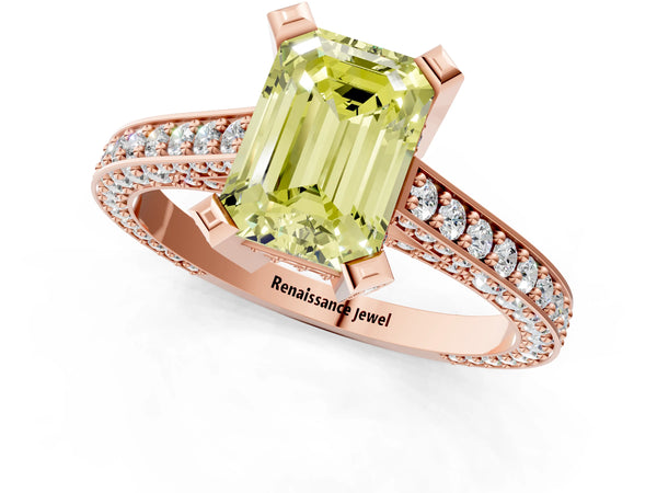 Rose gold Fancy Yellow Emerald Cut Brilliant Split Shank Pave Solitaire Ring with Four-Prong Setting