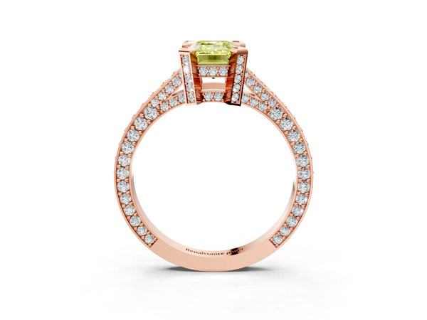 Rose gold Fancy Yellow Emerald Cut Brilliant Split Shank Pave Solitaire Ring with Four-Prong Setting