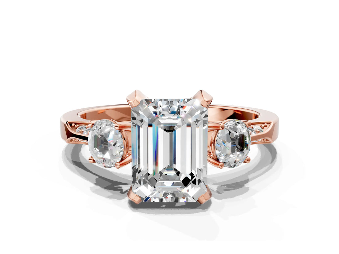 Rose gold Fancy Yellow Emerald Cut Brilliant Three-Stone Diamond Ring with Pavé Band and Four-Prong Setting_3
