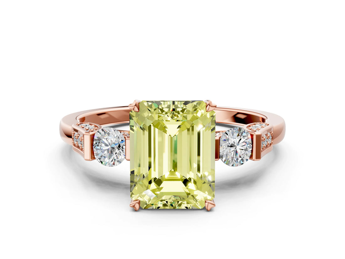 Rose gold Fancy Yellow Emerald Cut Brilliant Three-Stone Pave Band with Four-Prong Setting