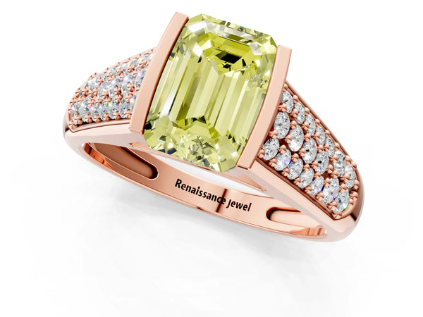Rose gold Fancy Yellow Emerald Cut Diamond Channel Set Pave Band with Tension Prong Setting