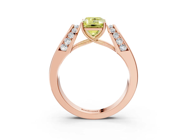 Rose gold Fancy Yellow Emerald Cut Cut Diamond Channel Set Solitaire Ring with Four-Prong Setting