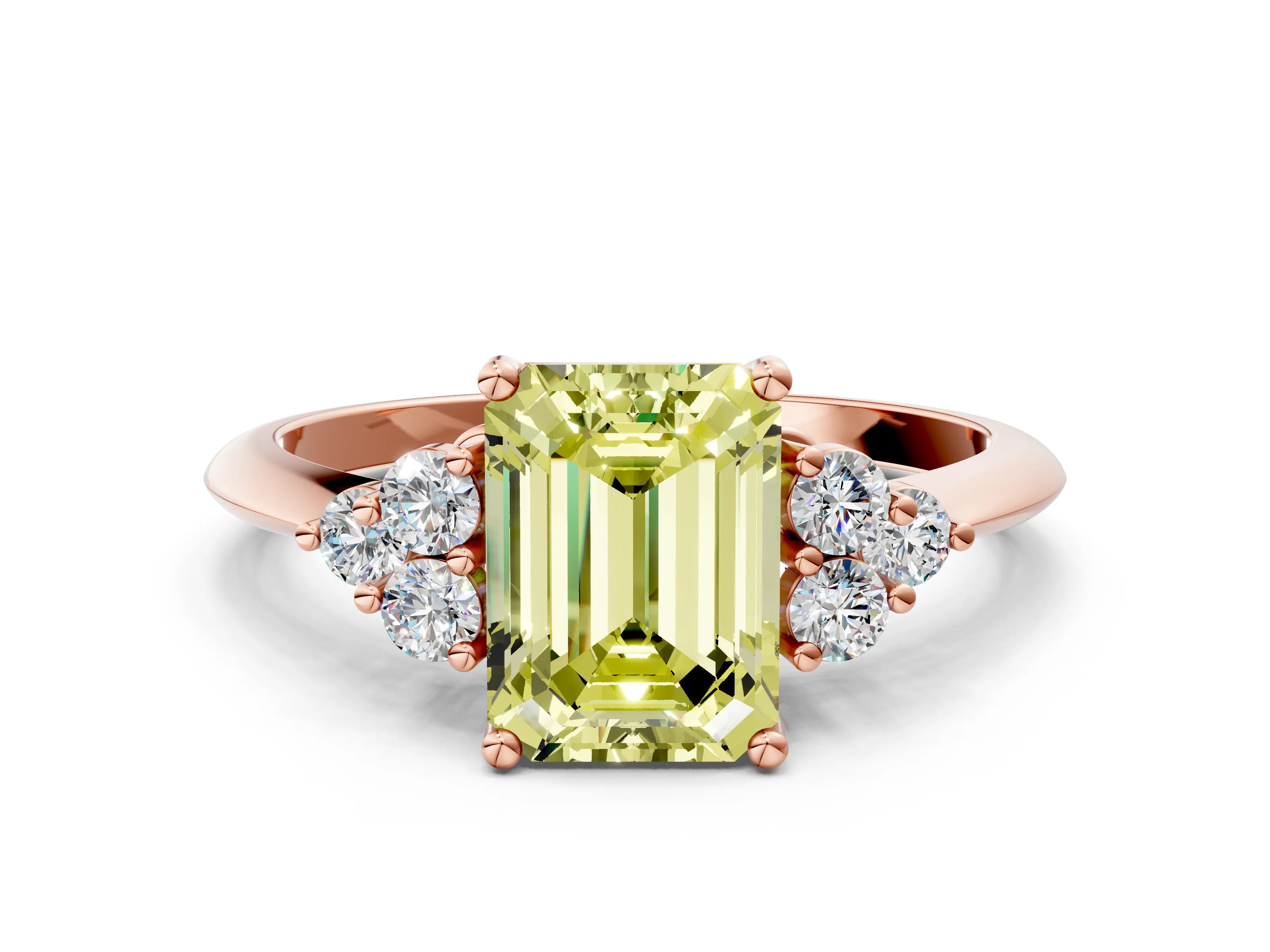 Rose gold Fancy Yellow Emerald Cut Cut Diamond Cluster Ring with Solitaire Band and Four-Prong Setting