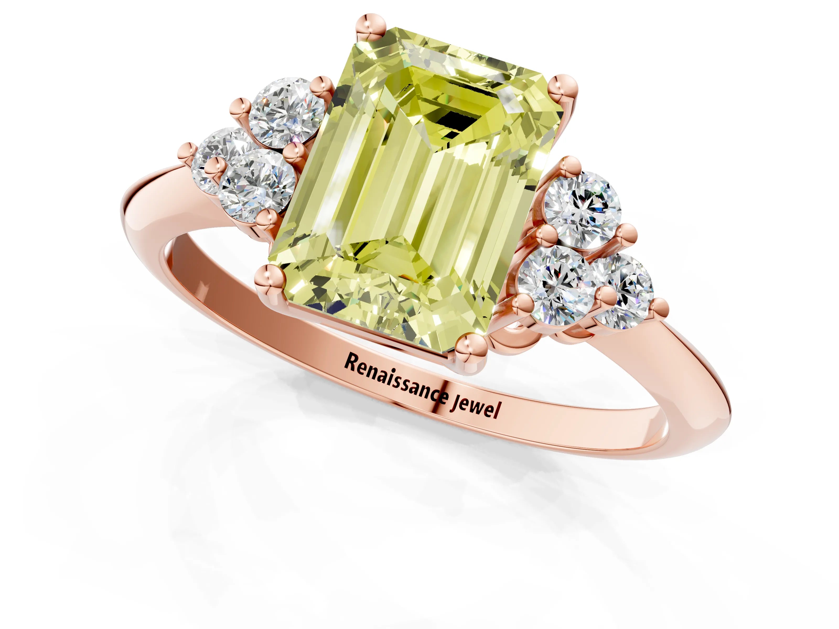 Rose gold Fancy Yellow Emerald Cut Cut Diamond Cluster Ring with Solitaire Band and Four-Prong Setting_1