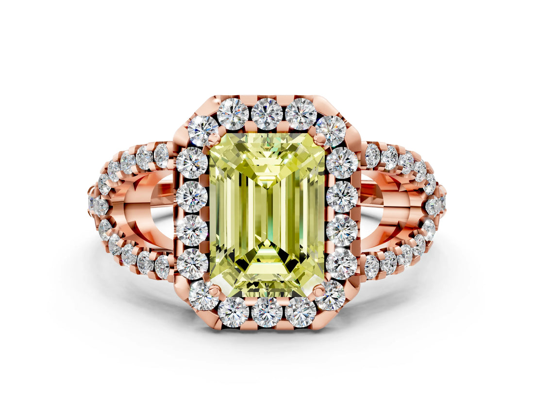 Rose gold Fancy Yellow Emerald Cut Cut Diamond Halo Engagement Ring with Open Split Pavé Band