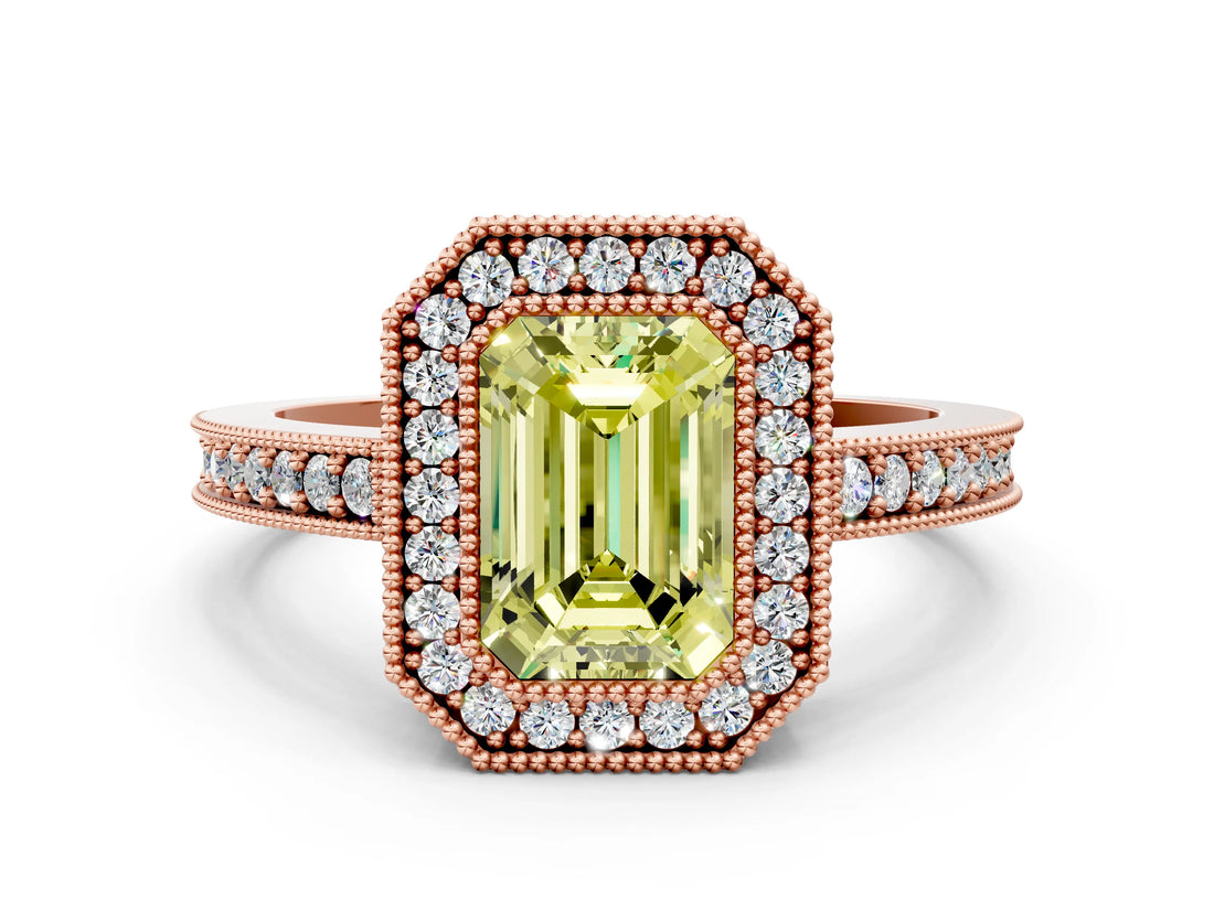 Rose gold Fancy Yellow Emerald Cut-Cut Diamond Halo Engagement Ring with Pave Band and Prong Setting