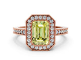Rose gold Fancy Yellow Emerald Cut-Cut Diamond Halo Engagement Ring with Pave Band and Prong Setting