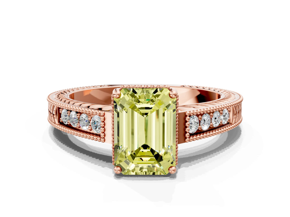 Rose gold Fancy Yellow Emerald Cut Cut Diamond Milgrain Pave Band Four-Prong Setting Ring_3