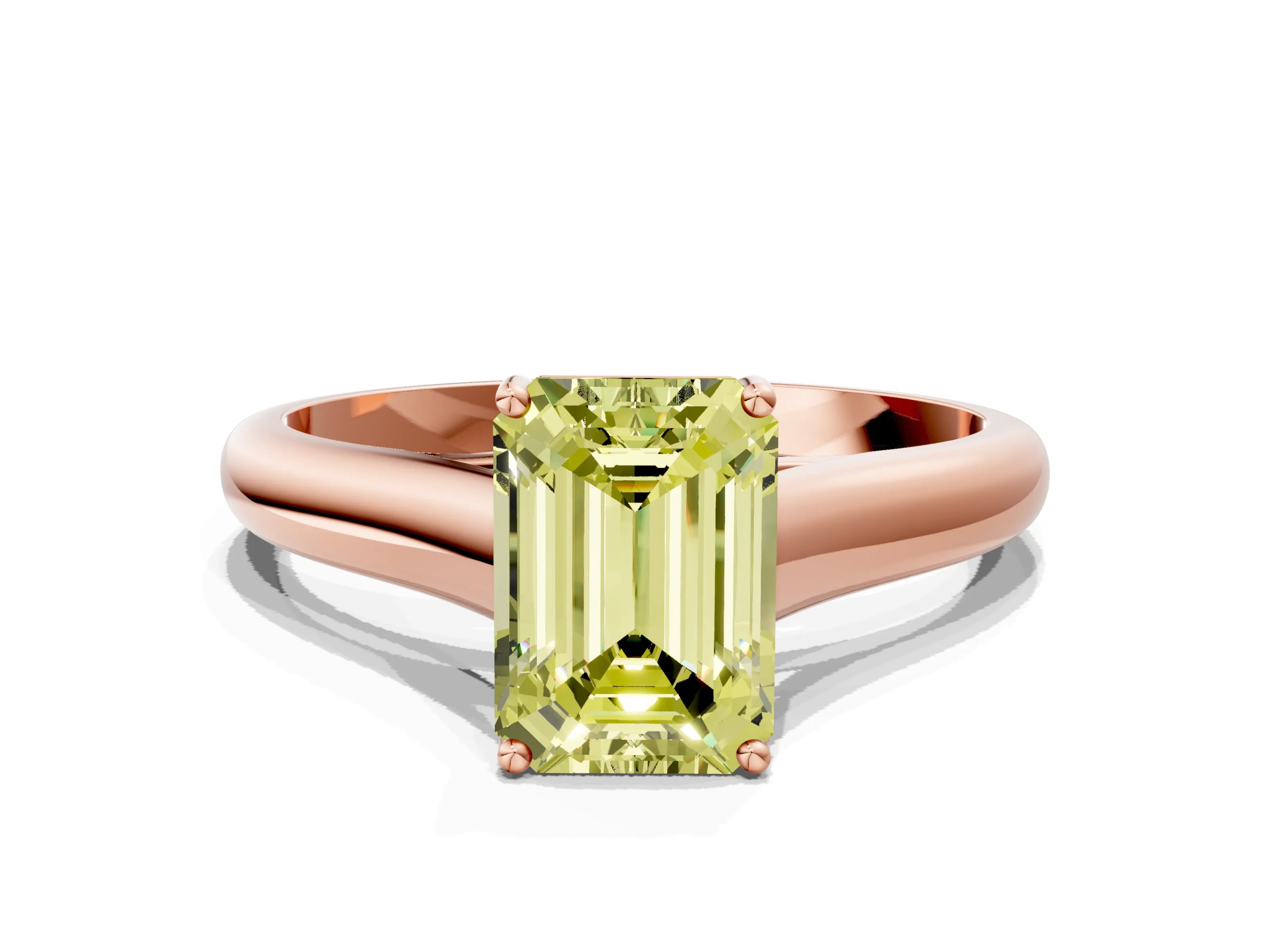 Rose gold Fancy Yellow Emerald Cut Cut Diamond Solitaire Engagement Ring with Tapered Plain Band and Four-Prong Setting