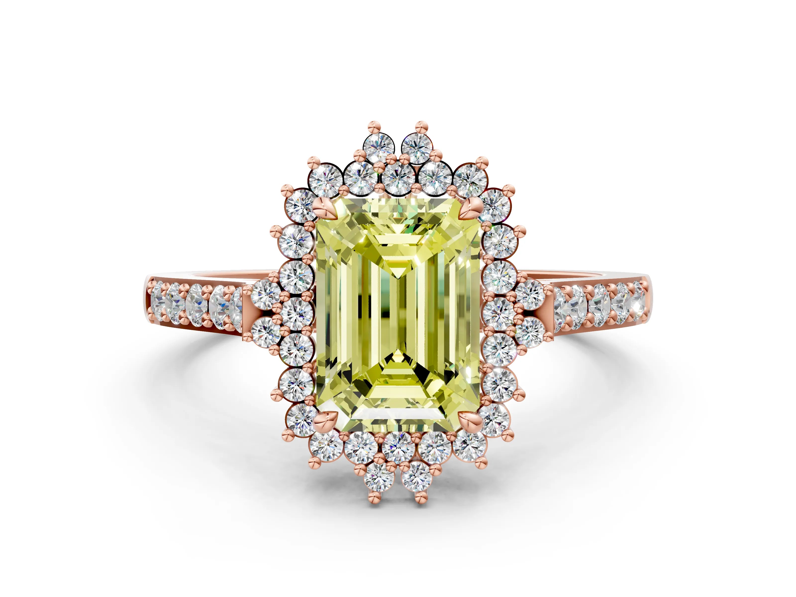Rose gold Fancy Yellow Emerald Cut Cut Diamond Sunburst Halo Engagement Ring with Pavé Band_10