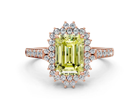 Rose gold Fancy Yellow Emerald Cut Cut Diamond Sunburst Halo Engagement Ring with Pavé Band_10