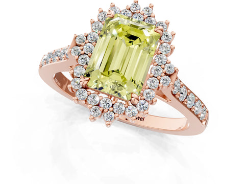 Rose gold Fancy Yellow Emerald Cut Cut Diamond Sunburst Halo Engagement Ring with Pavé Band_11
