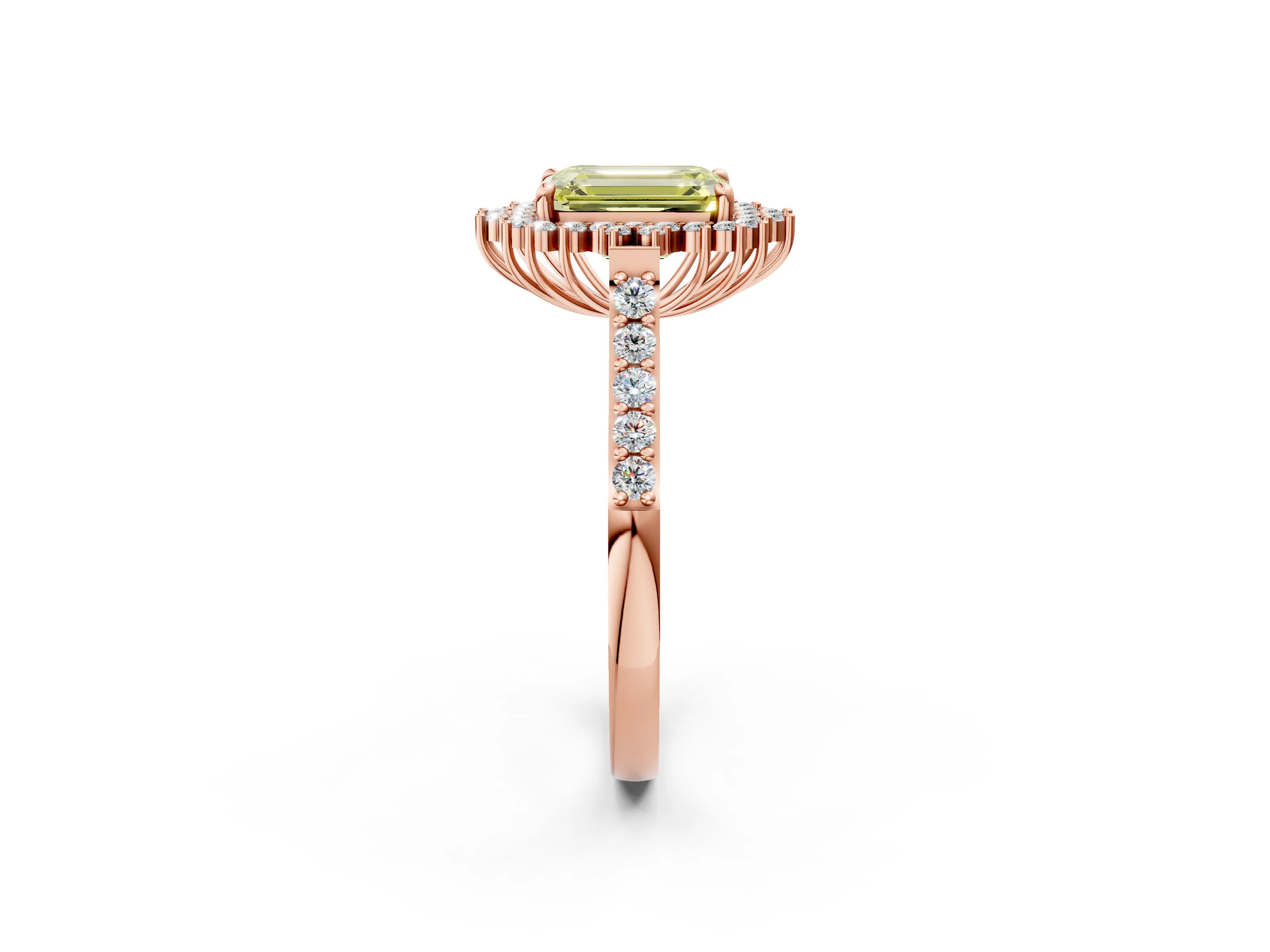 Rose gold Fancy Yellow Emerald Cut Cut Diamond Sunburst Halo Engagement Ring with Pavé Band_12