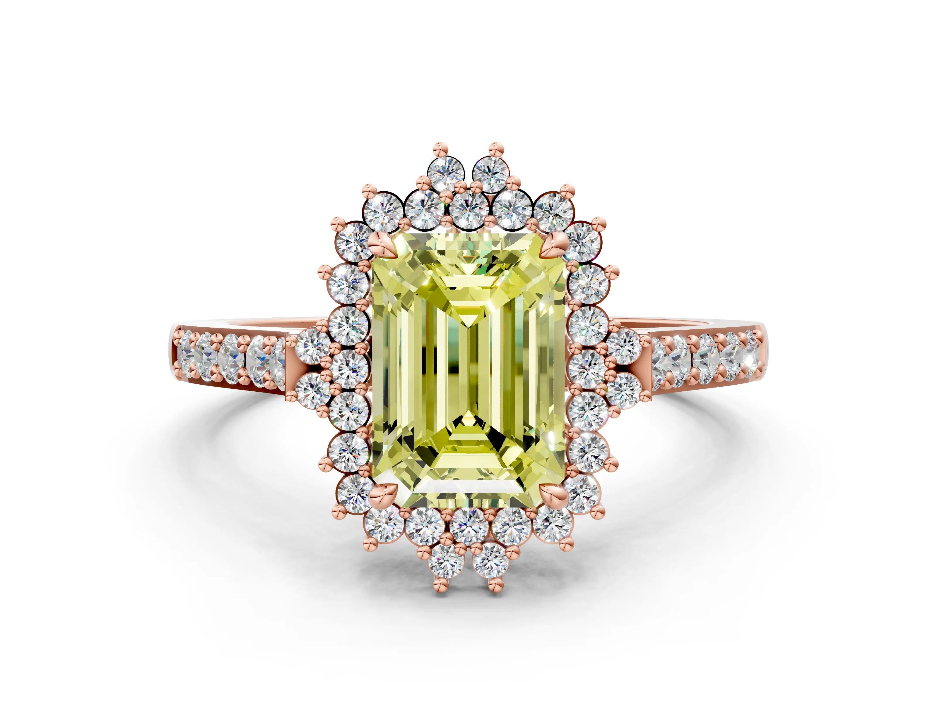 Rose gold Fancy Yellow Emerald Cut Cut Diamond Sunburst Halo Engagement Ring with Pavé Band_22