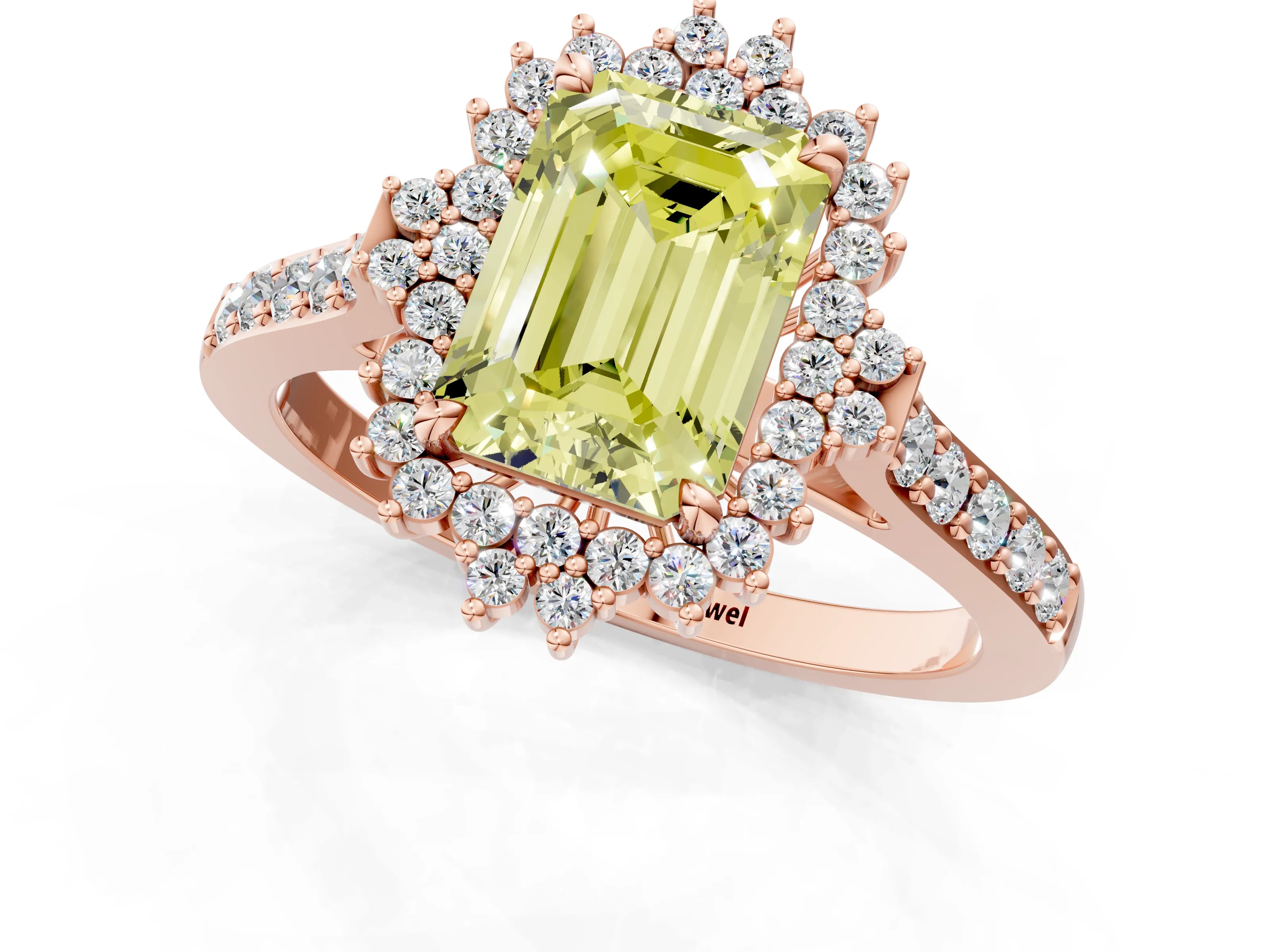 Rose gold Fancy Yellow Emerald Cut Cut Diamond Sunburst Halo Engagement Ring with Pavé Band_23