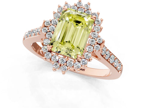 Rose gold Fancy Yellow Emerald Cut Cut Diamond Sunburst Halo Engagement Ring with Pavé Band_23