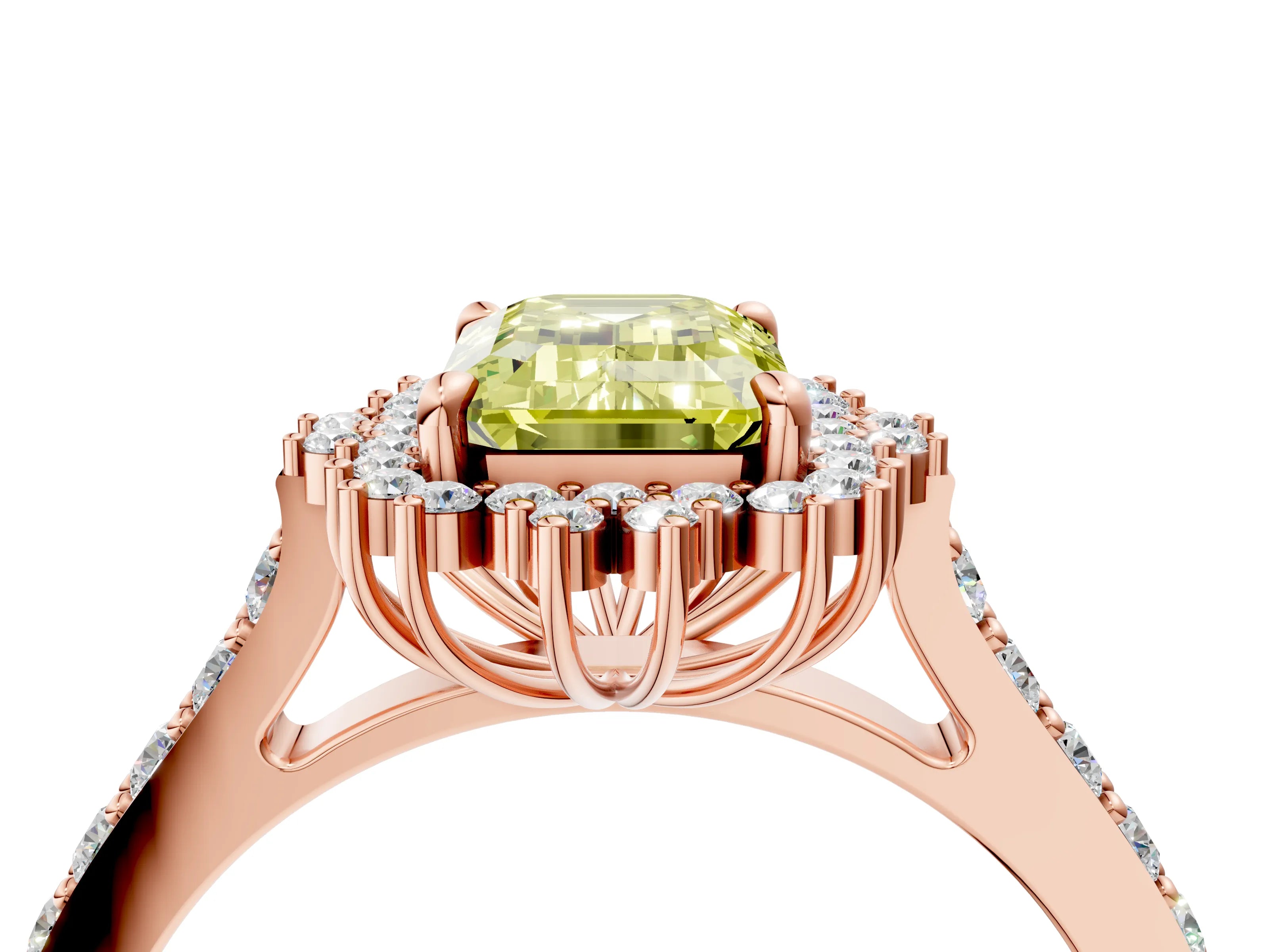 Rose gold Fancy Yellow Emerald Cut Cut Diamond Sunburst Halo Engagement Ring with Pavé Band_26