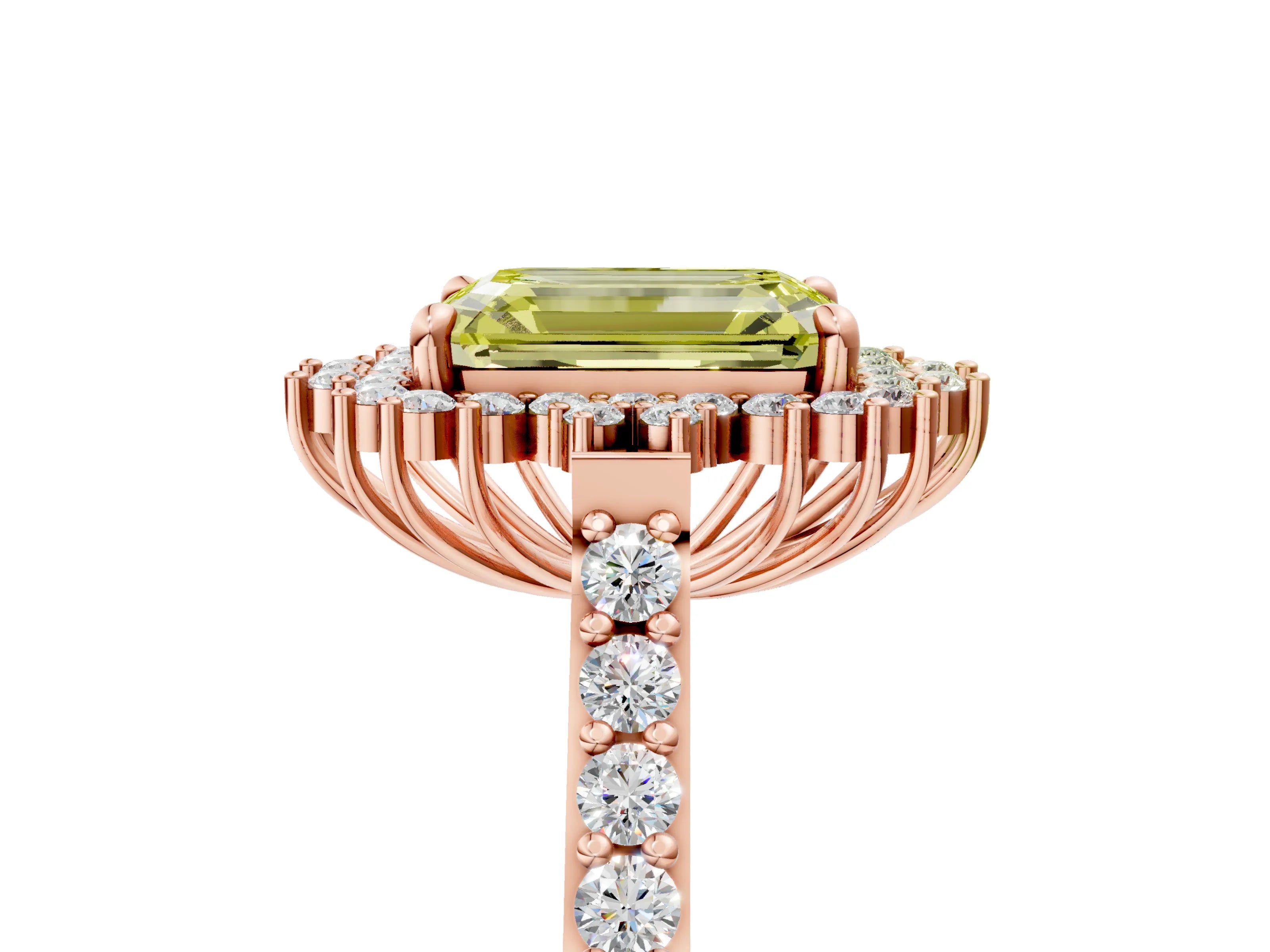 Rose gold Fancy Yellow Emerald Cut Cut Diamond Sunburst Halo Engagement Ring with Pavé Band_27