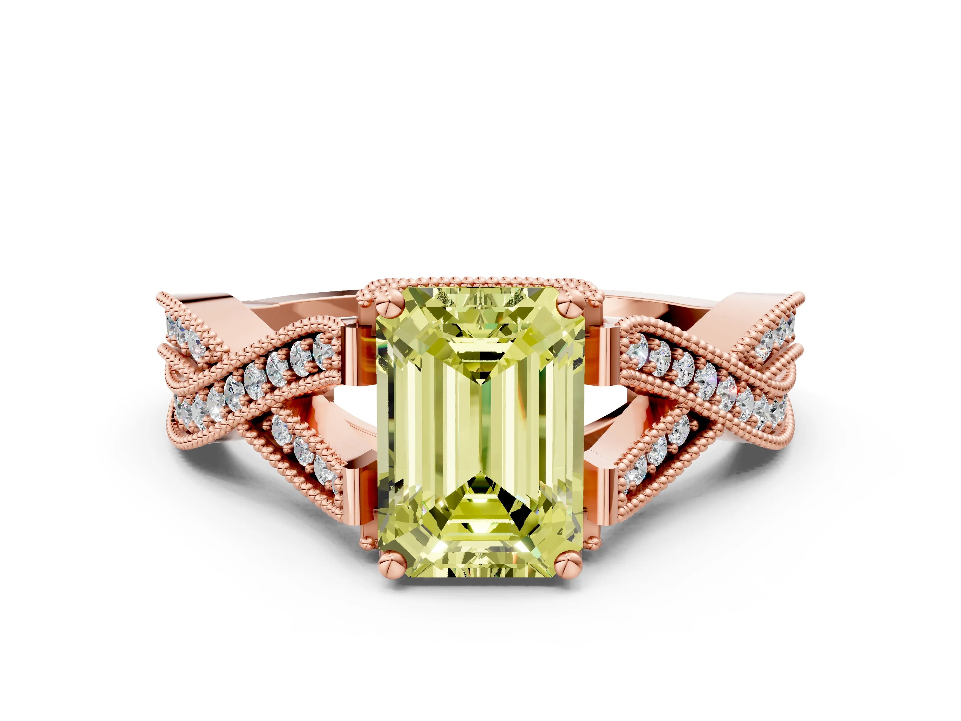 Rose gold Fancy Yellow Emerald Cut Cut Diamond Twisted Band with Milgrain Pave Setting and Four-Prong Setting