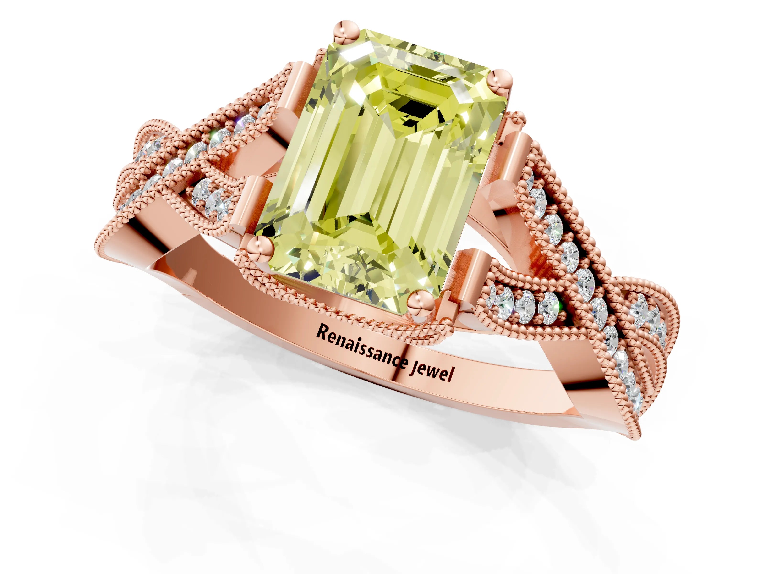Rose gold Fancy Yellow Emerald Cut Cut Diamond Twisted Band with Milgrain Pave Setting and Four-Prong Setting_1