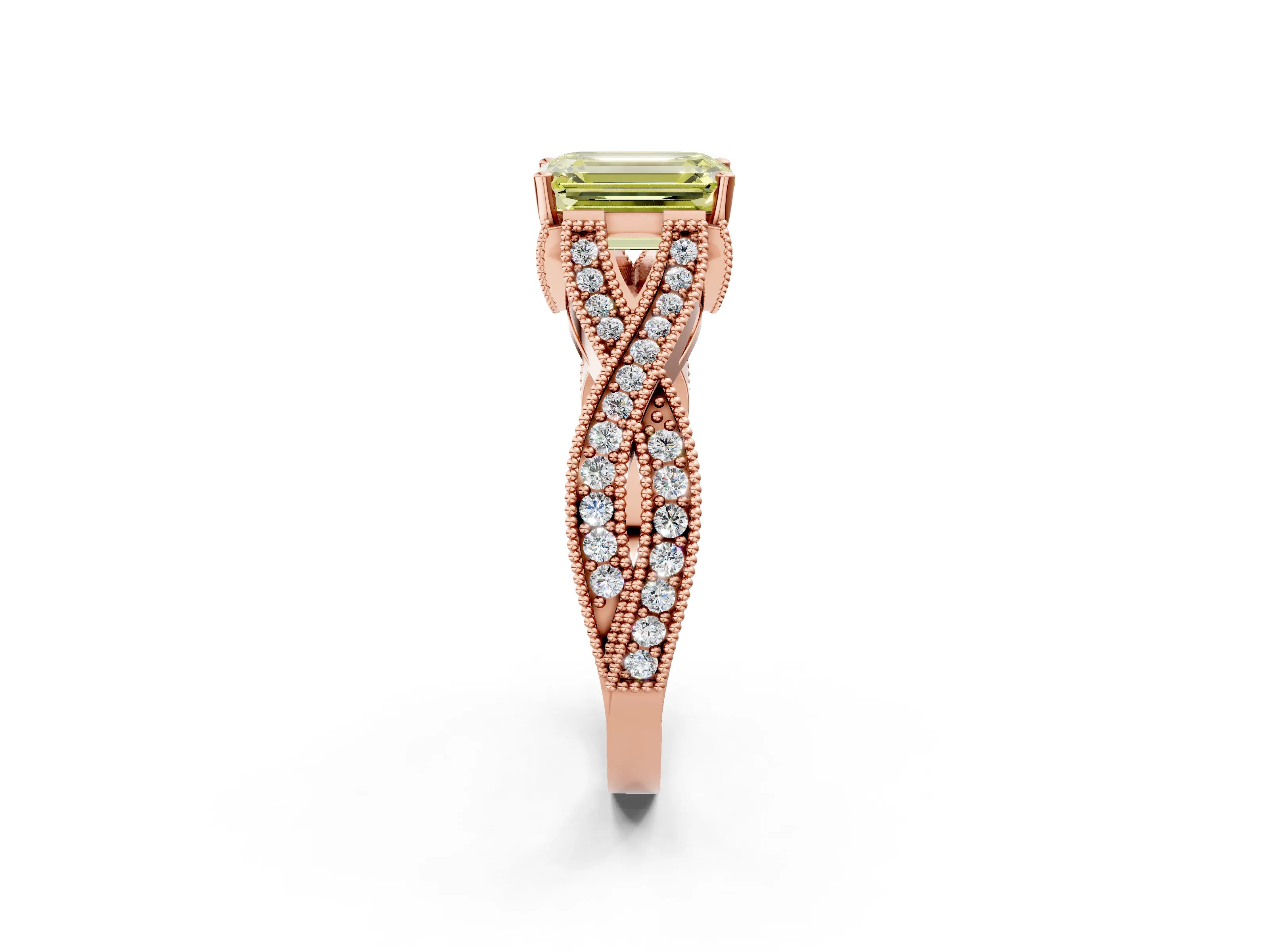 Rose gold Fancy Yellow Emerald Cut Cut Diamond Twisted Band with Milgrain Pave Setting and Four-Prong Setting_2