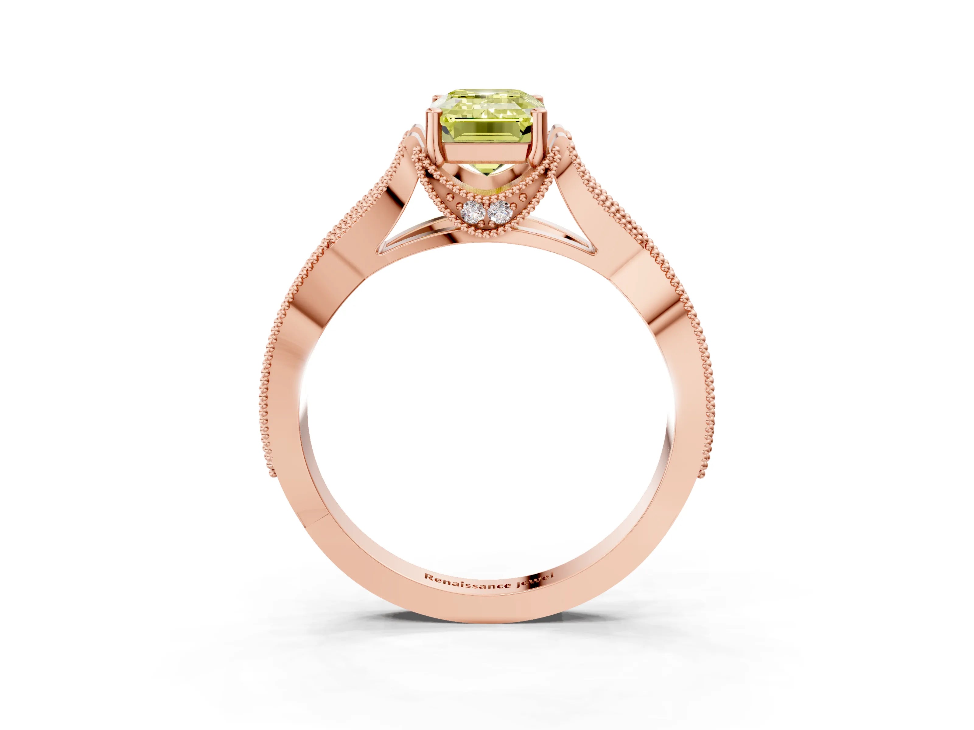 Rose gold Fancy Yellow Emerald Cut Cut Diamond Twisted Band with Milgrain Pave Setting and Four-Prong Setting_3