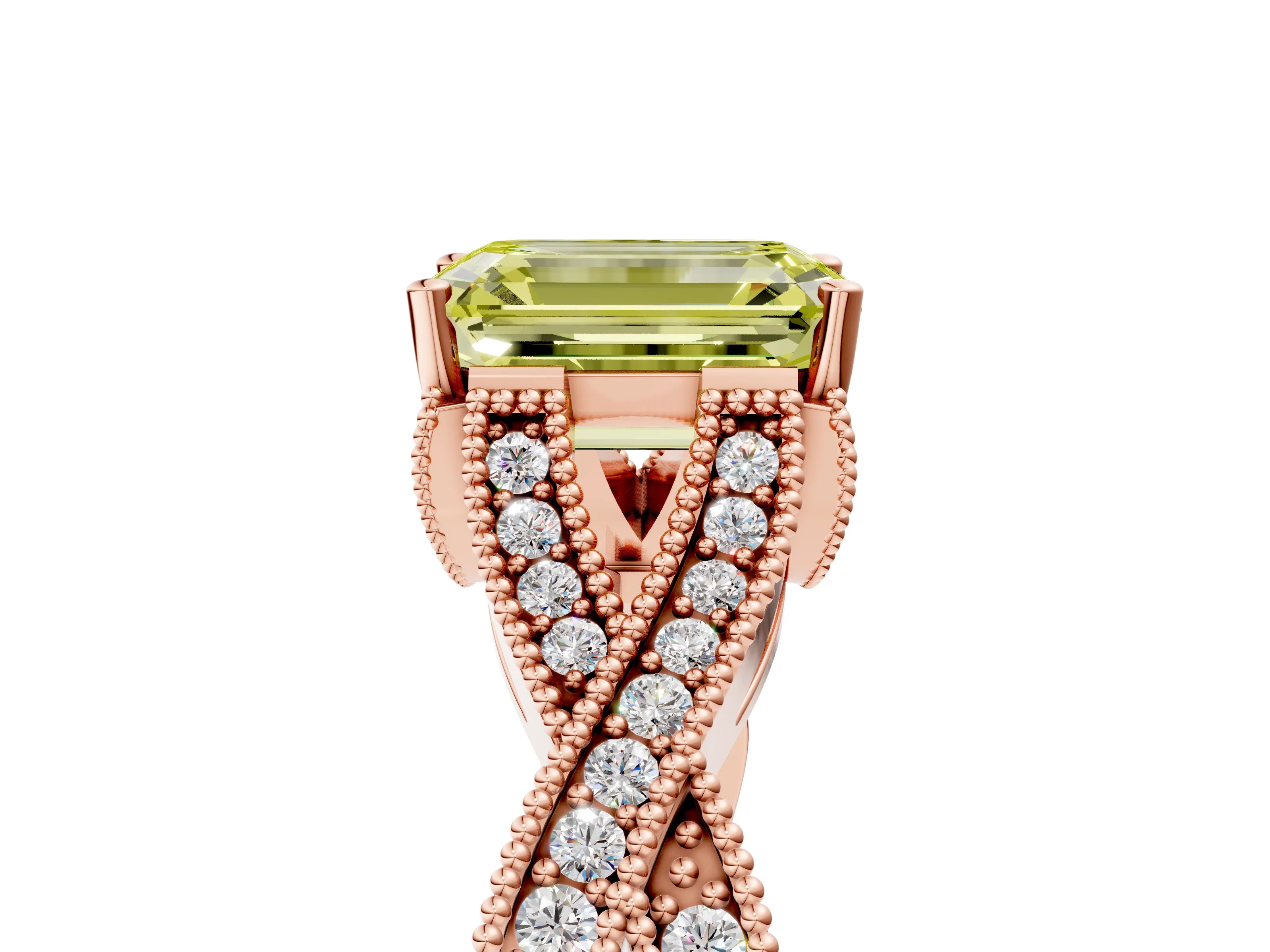 Rose gold Fancy Yellow Emerald Cut Cut Diamond Twisted Band with Milgrain Pave Setting and Four-Prong Setting_5