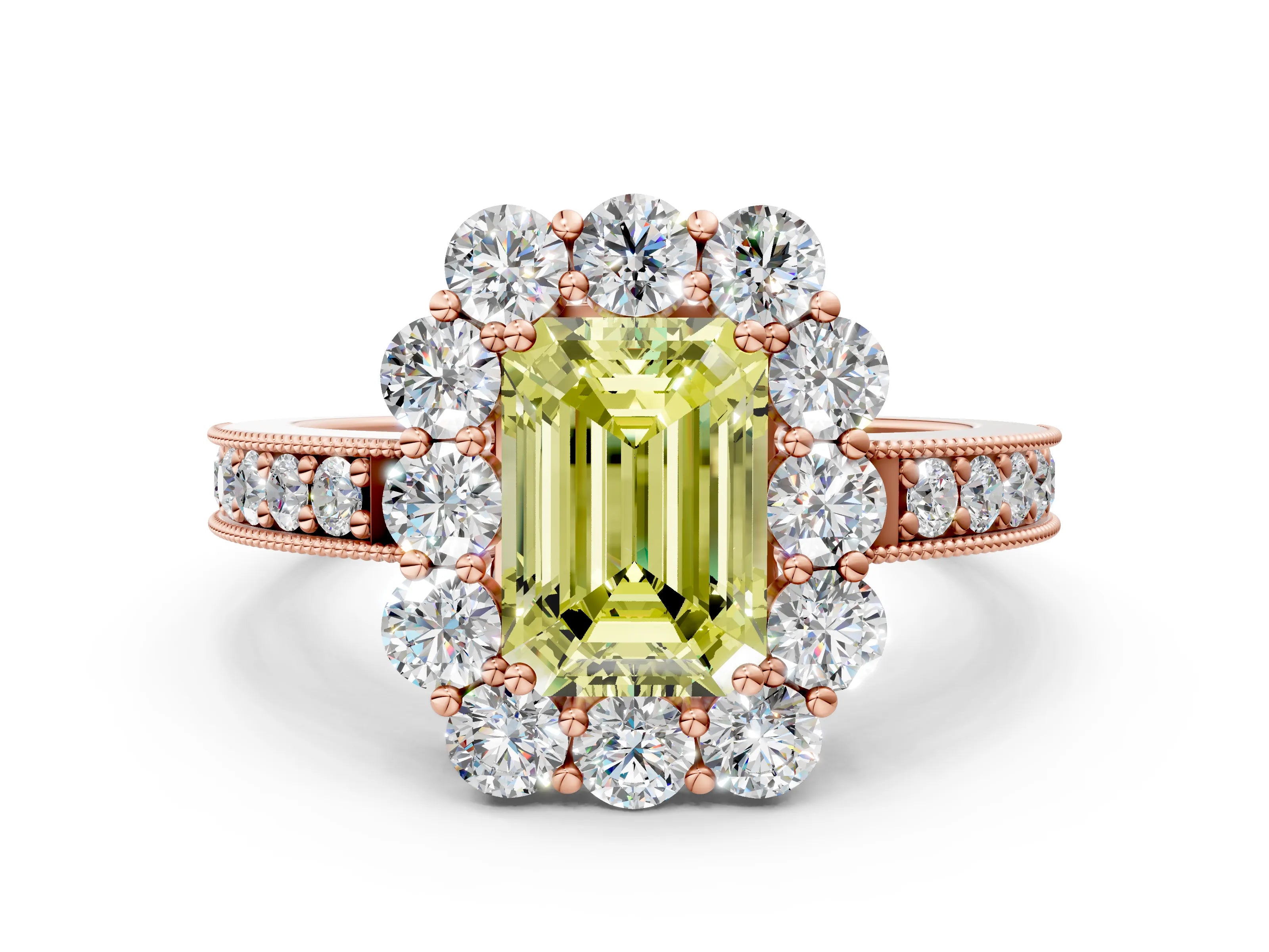 Rose gold Fancy Yellow Emerald Cut Cut Halo Diamond Pavé Engagement Ring with Milgrain Detailing