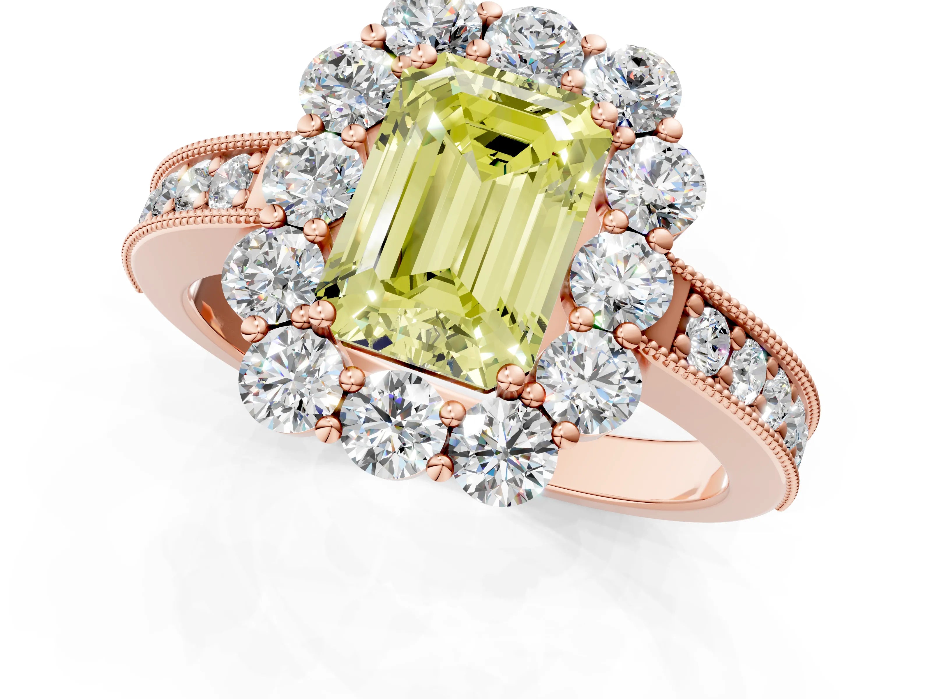 Rose gold Fancy Yellow Emerald Cut Cut Halo Diamond Pavé Engagement Ring with Milgrain Detailing_1
