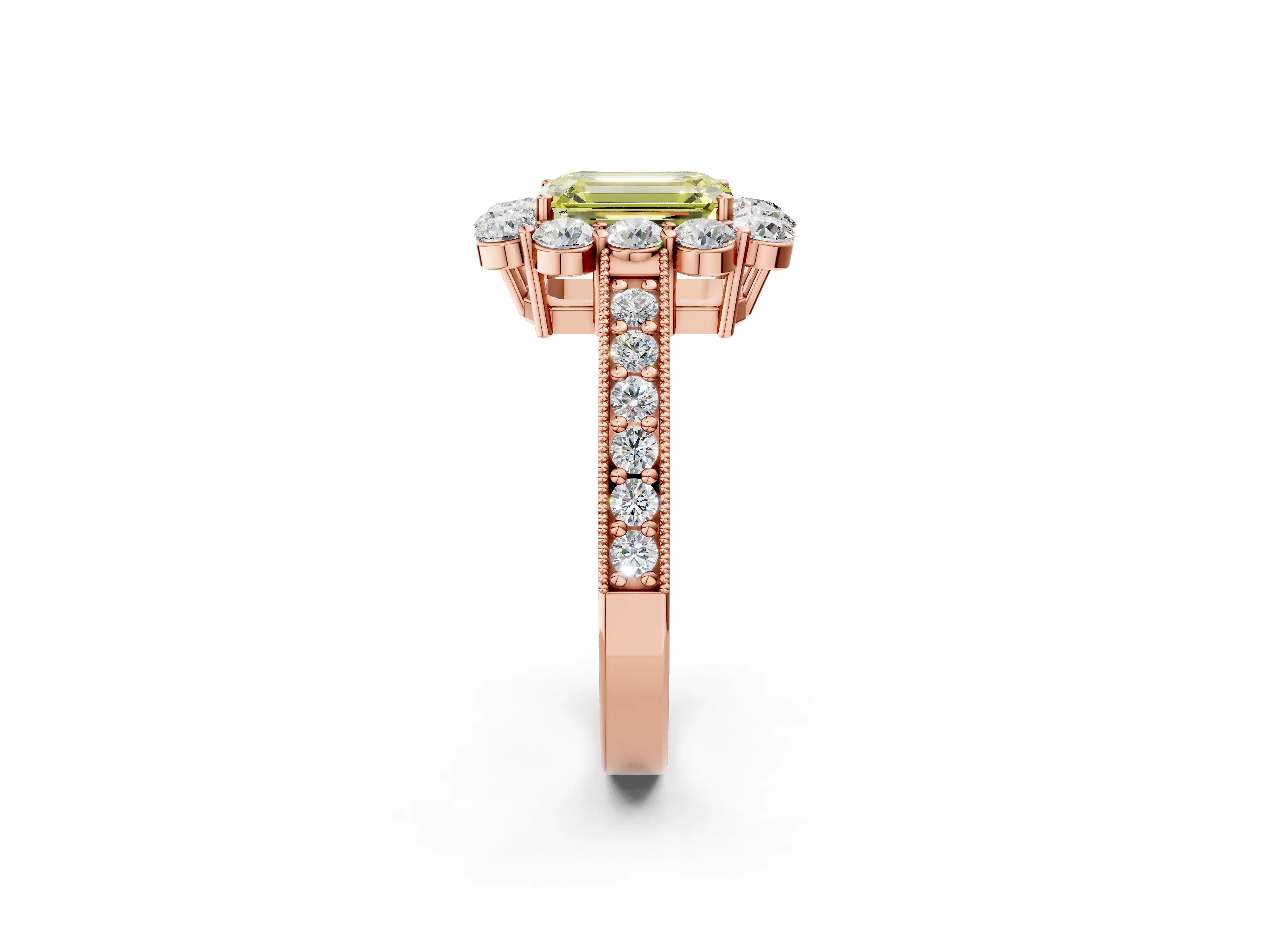 Rose gold Fancy Yellow Emerald Cut Cut Halo Diamond Pavé Engagement Ring with Milgrain Detailing_2