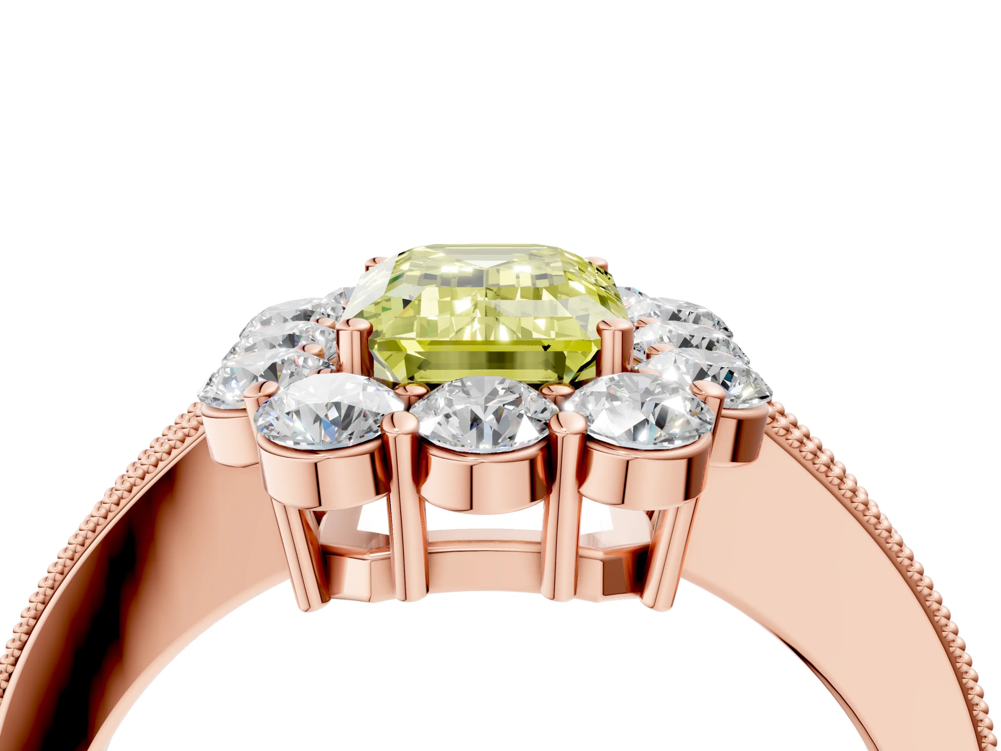 Rose gold Fancy Yellow Emerald Cut Cut Halo Diamond Pavé Engagement Ring with Milgrain Detailing_4